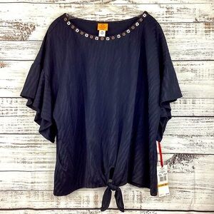 RUBY RD PLUS SIZE BLACK TOP EMBELLISHED BLOUSE BEACH VACATION NWT